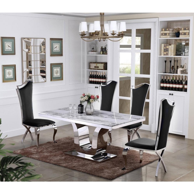 Classic 5Pc Dining Set With Marble Top And Stainless Steel Base With Velvet Side Chairs