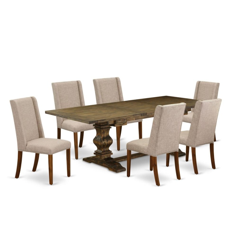 7-Pieces Kitchen Table Set With Chair’S Legs And Clay Linen Fabric