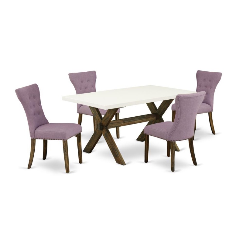 East West Furniture X726ga740-5 5-Pc Dining Room Set- 4 Parson Dining Chairs With Dahlia Linen Fabric Seat And Button Tufted Chair Back - Rectangular Table Top & Wooden Cross Legs - Linen White And Di