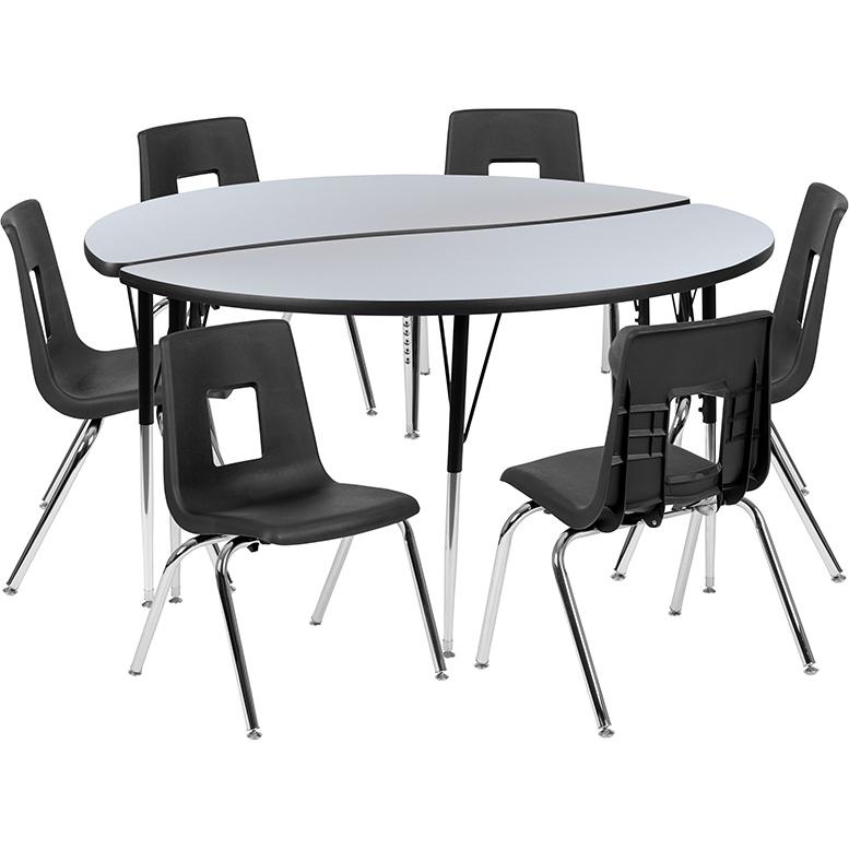 60" Circle Wave Activity Table Set With 16" Student Stack Chairs, Grey/Black