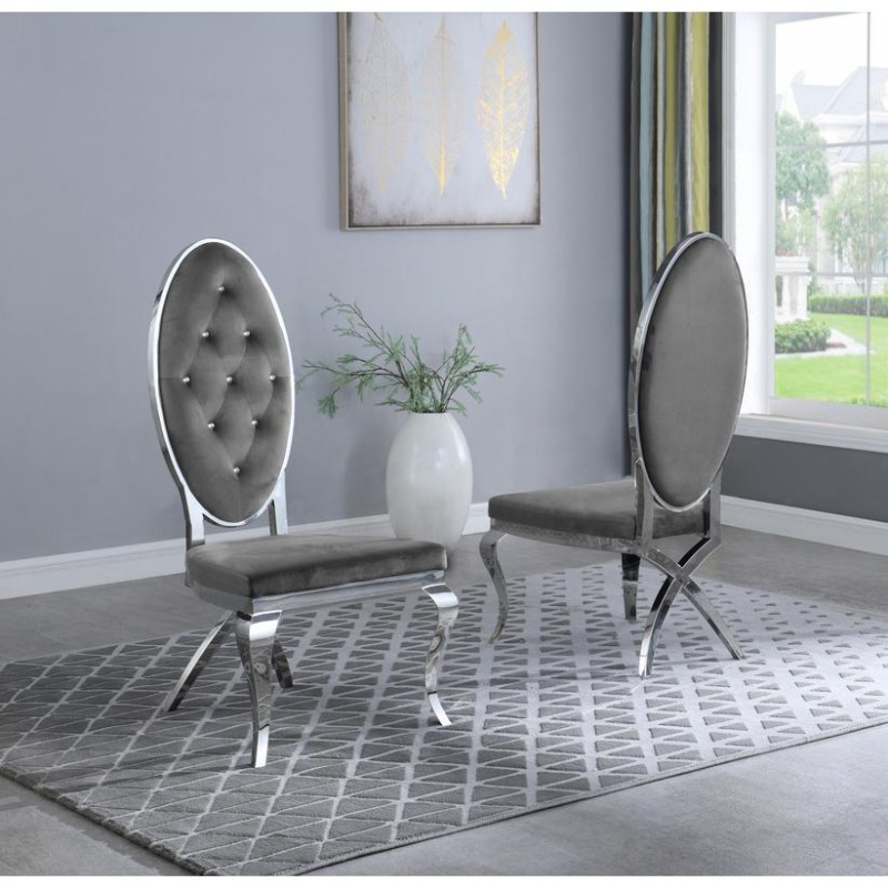 Classic 9Pc Dining Set W/Uph Tufted Side/Arm Chair, Glass Table W/ Silver Spiral Base, Dark Grey