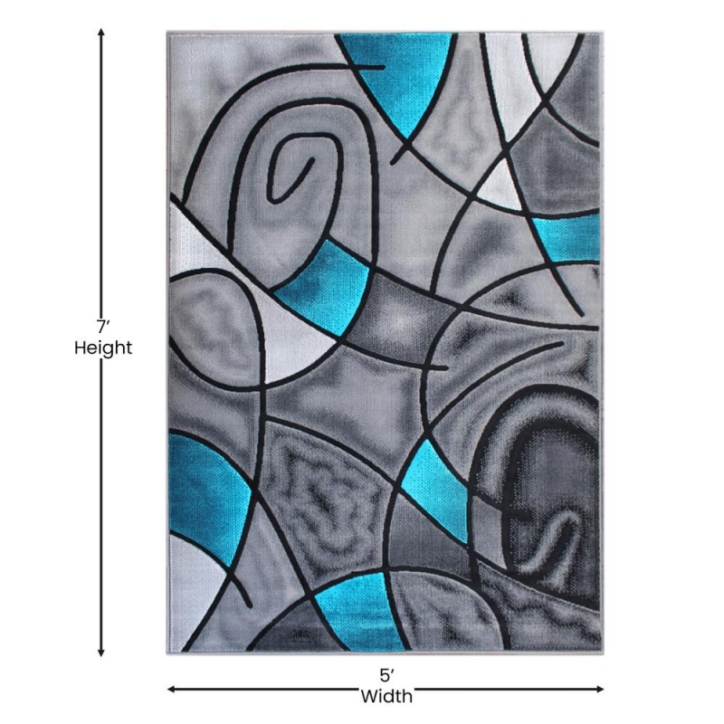 Jubilee Collection 5' X 7' Turquoise Abstract Area Rug - Olefin Rug With Jute Backing - Living Room, Bedroom, & Family Room