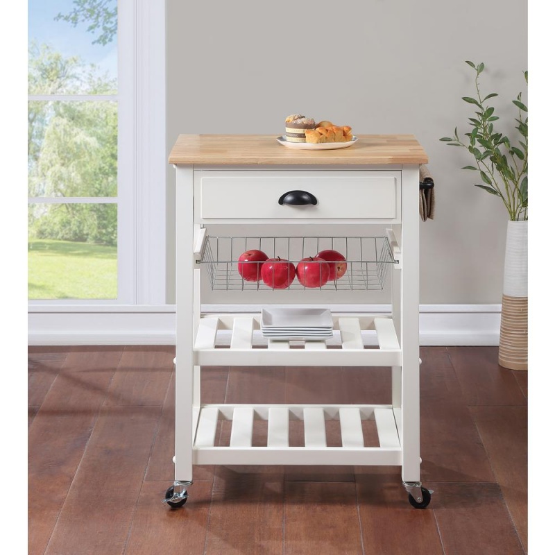 Os Home And Office Furniture Model Hampton Kitchen Cart In White With Solid Rubberwood Top