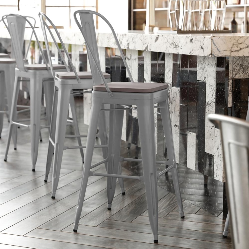 Kai Commercial Grade 30" High Silver Metal Indoor-Outdoor Bar Height Stool With Removable Back And Square Gray All-Weather Poly Resin Seat