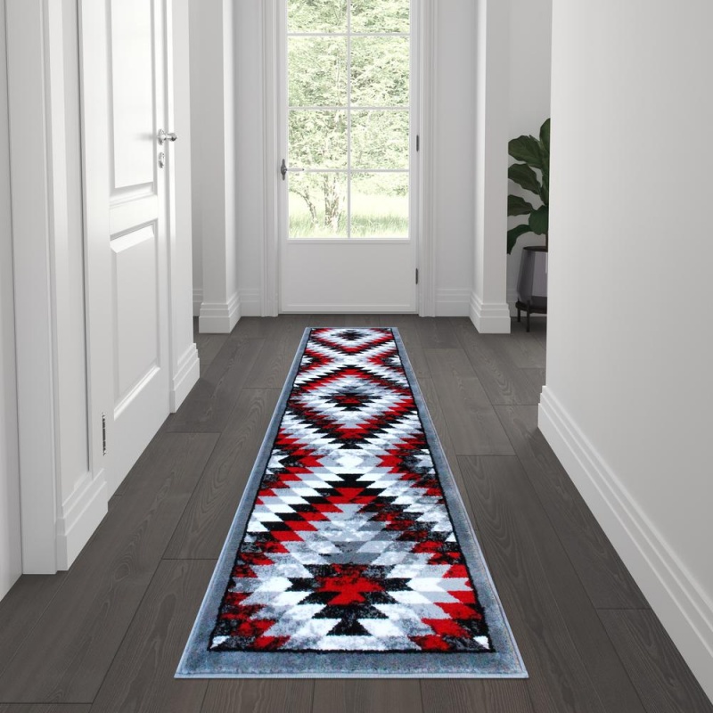 Teagan Collection Southwestern 2' X 7' Red Area Rug - Olefin Rug With Jute Backing - Entryway, Living Room, Bedroom