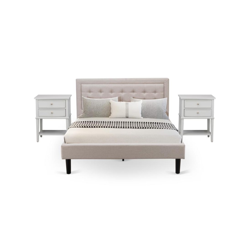 Fn08q-2Vl14 3-Piece Fannin Bedroom Set With 1 Queen Bed And 2 Night Stands - Mist Beige Linen Fabric