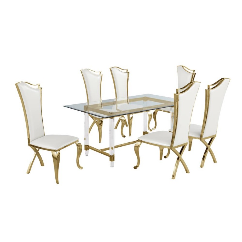 Acrylic Glass 7Pc Gold Set Stainless Steel Highback Chairs In White Faux Leather
