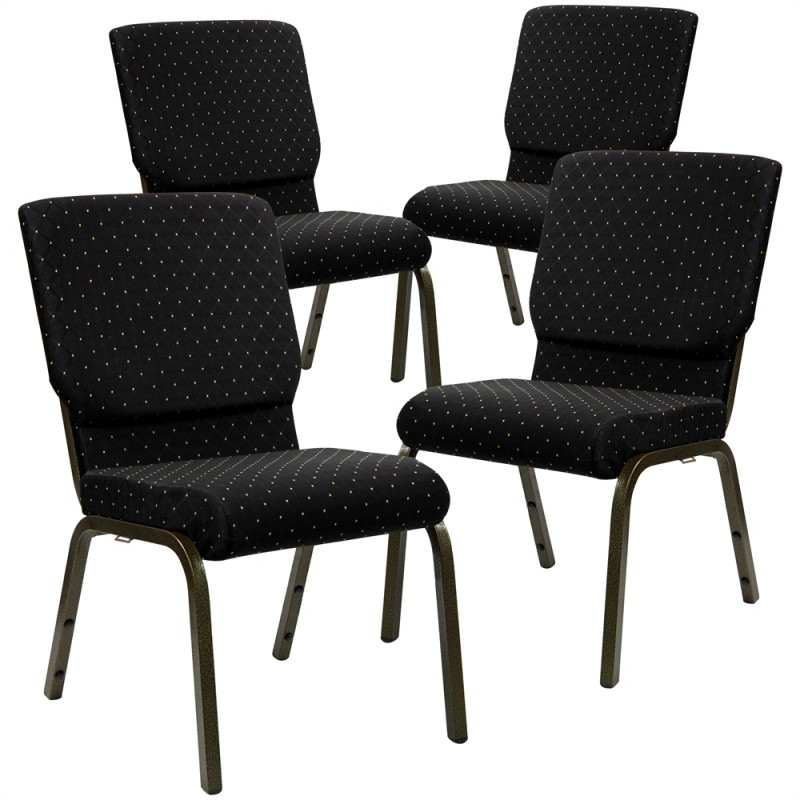 4 Pk. Hercules Series 18.5''W Black Dot Patterned Fabric Stacking Church Chair With 4.25'' Thick Seat - Gold Vein Frame