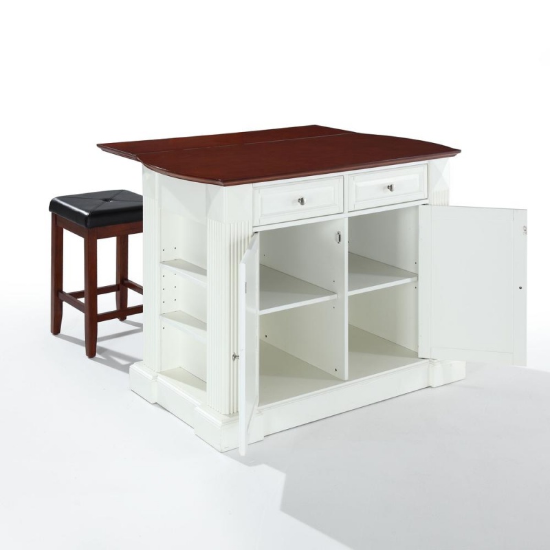 Coventry Drop Leaf Top Kitchen Island W/Uph Square Stools White/Cherry - Kitchen Island, 2 Counter Height Bar Stools