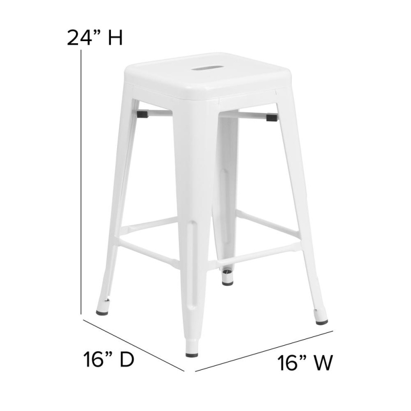Kai Commercial Grade 24" High Backless White Metal Indoor-Outdoor Counter Height Stool With Square Gray Poly Resin Wood Seat