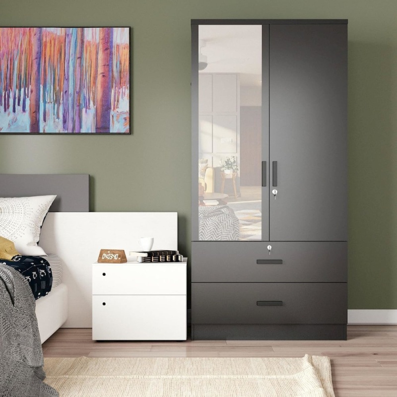 Mirrored 2 Doors Wardrobe & 2 Drawers 72" Tall