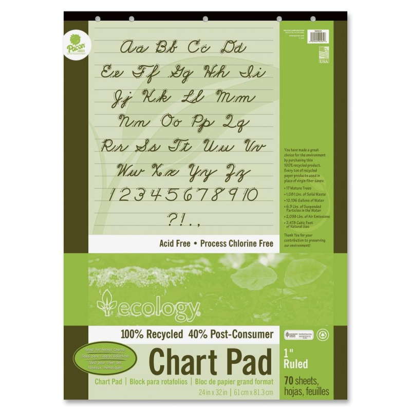 Decorol Recycled Chart Pad - 70 Sheets - Front Ruling Surface - Ruled - 1" Ruled - 24" X 32" - White Paper - Cursive Cover - Eco-Friendly, Acid-Free, Padded, Tab, Chipboard Backing, Hole-Punched, Chlo