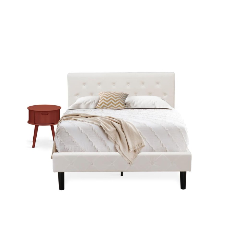 Nl19f-1Go13 2 Piece Full Bed Set - 1 Bed Frame White Velvet Fabric Headboard And 1 Bedroom Nightstand - Burgundy Finish Nightstand