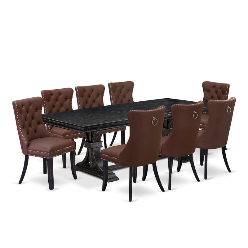 9 Piece Modern Dining Set with Wooden Table and 8 Faux Leather Chairs