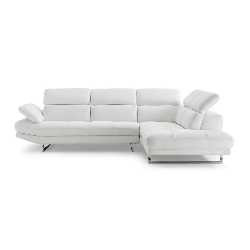 Pandora Sectional, Chaise On Right When Facing, White Top Grain Italian Leather, Adjustable Headrest