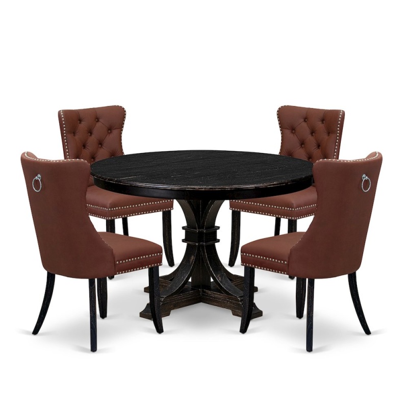 5 Piece Dining Table Set with 48" Round Table in Burgandy Color