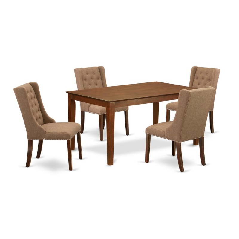 East West Furniture Cafo5-Mah-47 5-Pc Dinette Room Set Includes 1 Rectangular Dining Table And 4 Light Sable Linen Fabric Dining Room Chairs With Button Tufted Back - Mahogany Finish