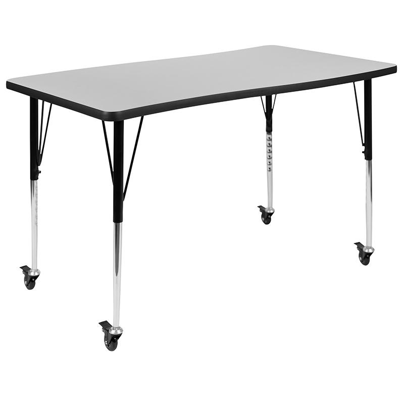 Mobile 28"W X 47.5"L Rectangular Wave Collaborative Grey Thermal Laminate Activity Table-Standard Height Adjustable Legs
