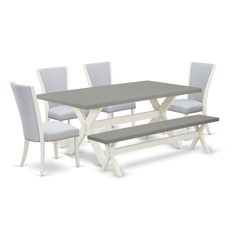East West Furniture X097ve005-6 6 Piece Dinette Set - Cement Dining Room Table, 1 Dining Room Bench And 4 Grey Linen Fabric Upholstered Dining Chair With Nailheads - Wirebrushed Linen White Finish