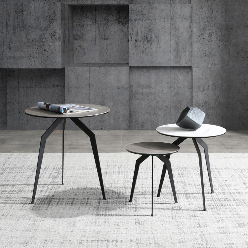 Santiago Side Table, 6Mm Glass + 3Mm Ceramic Top (500, 400 & 300), Matte Black Powder Coated Iron Base