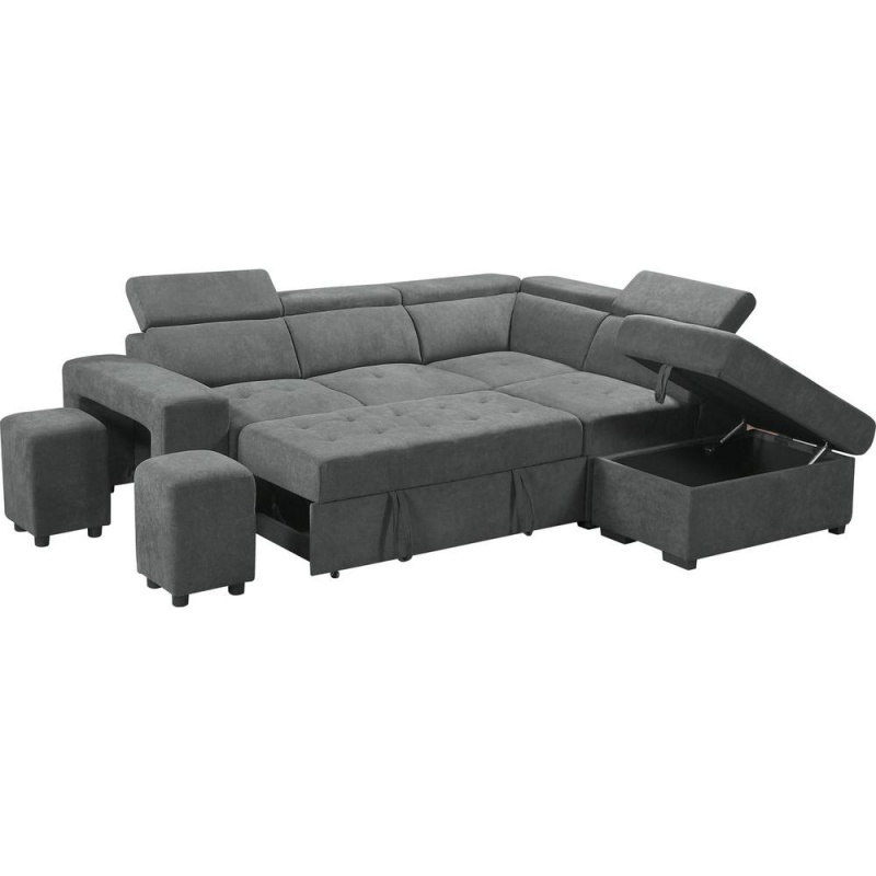 Henrik Light Gray Sleeper Sectional Sofa With Storage Ottoman And 2 Stools