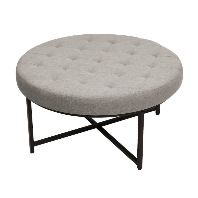 34" Round Gray Cotton Linen Tufted Ottoman