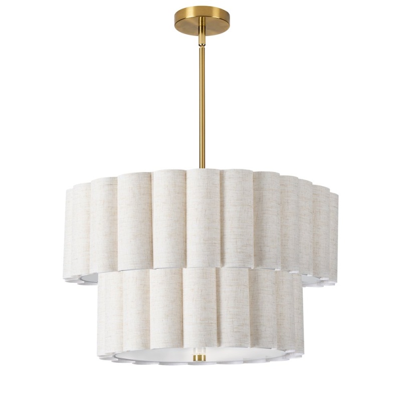 4 Light Aged Brass 2 Tier Pendant W/ Flax Scallop Shades