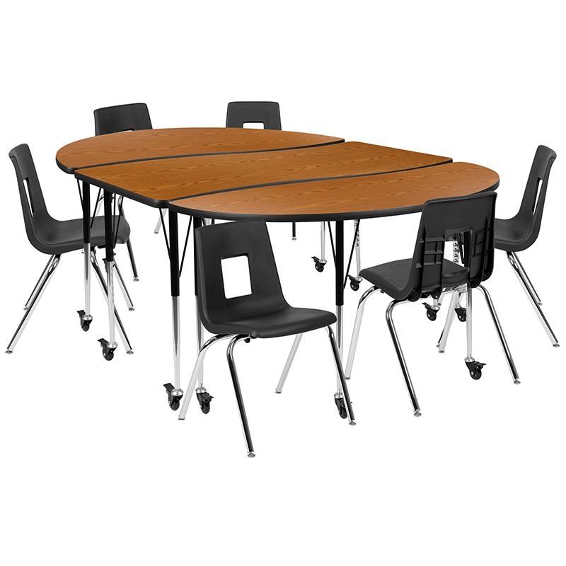 Mobile 86" Oval Wave Collaborative Laminate Activity Table Set With 18" Student Stack Chairs, Oak/Black
