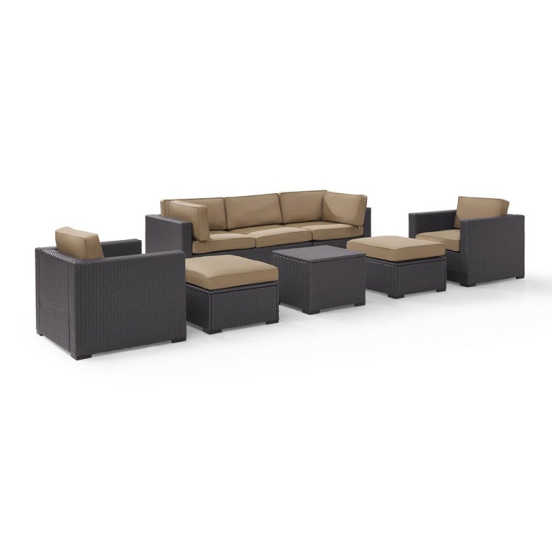 Biscayne 7Pc Outdoor Wicker Sectional Set Mocha/Brown - Loveseat, 2 Arm Chairs, Corner Chair, Coffee Table, 2 Ottomans