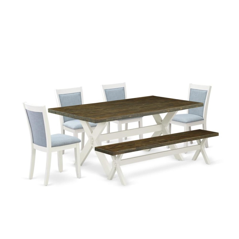 East West Furniture 6-Pc Dining Set Contains A Dining Room Table - 4 Baby Blue Linen Fabric Dining Chairs With Stylish Back And A Small Dining Bench - Wire Brushed Linen White Finish
