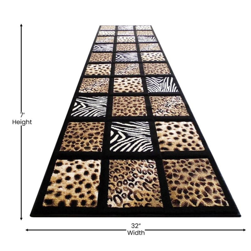 Menagerie Collection 3' X 7' Modern Animal Print Olefin Area Rug With Cheetah, Leopard, Zebra And Giraffe Design Raised Squares