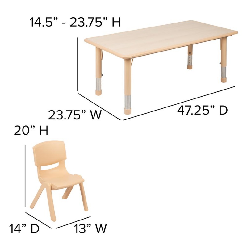 23.625"W X 47.25"L Rectangular Natural Plastic Height Adjustable Activity Table Set With 4 Chairs