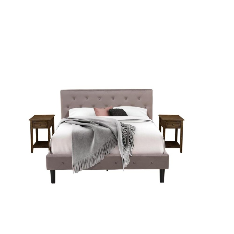 Nl14q-2De07 3 Pc Bed Set - 1 Wood Bed Brown Taupe Velvet Fabric Headboard And 2 Nightstand - Distressed Jacobean Finish Nightstand