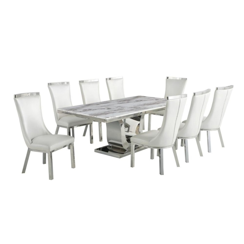 9Pc Dining Set- Rectangle Marble Table With A U Shape Silver Base And 8 White Faux Leather Chairs