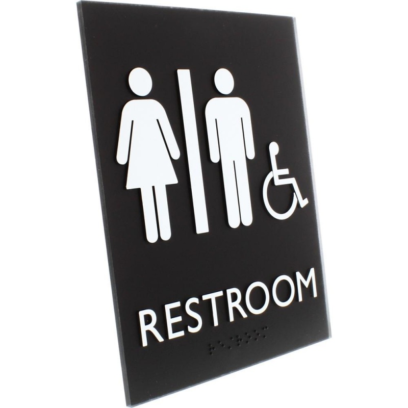 Lorell Restroom Sign - 1 Each - 6.4" Width X 8.5" Height - Rectangular Shape - Easy Readability, Braille - Plastic - Black