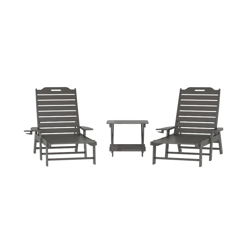 3-Piece Set With 2 Adjustable HDPE Loungers And Folding Side Table In Gray
