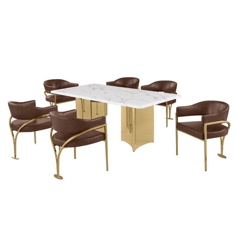 7Pc 38Mm Marble Top Dining Set With 6 Mocha Chairs