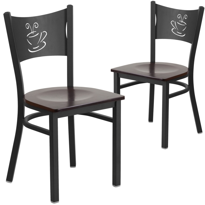 2 Pk. Hercules Series Black Coffee Back Metal Restaurant Chair - Walnut Wood Seat