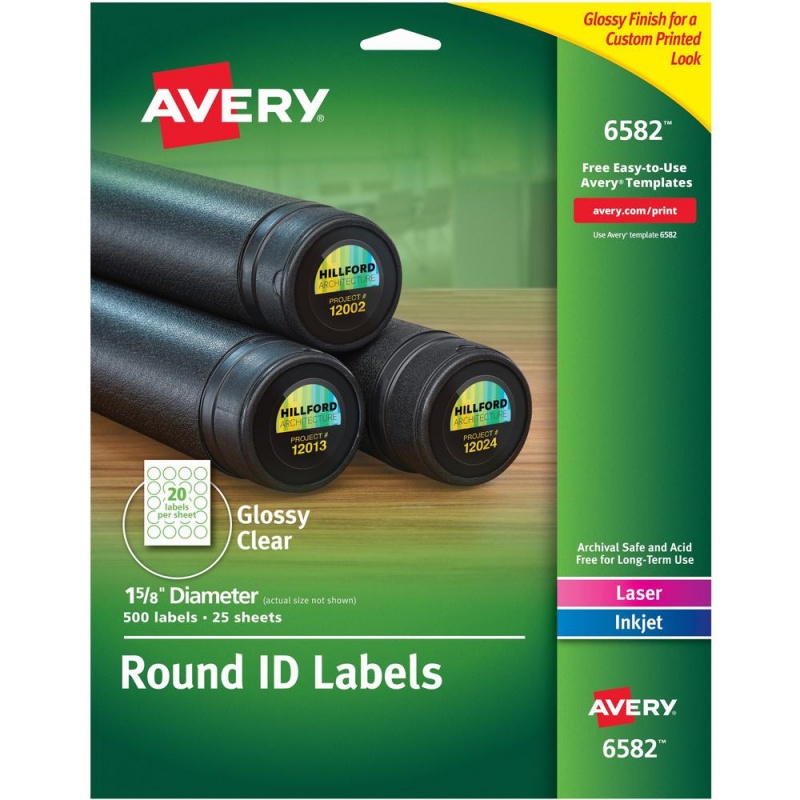 Avery® Glossy Permanent Multipurpose Round Labels - - Width1 5/8" Diameter - Permanent Adhesive - Round - Laser, Inkjet - Clear - Film - 20 / Sheet - 25 Total Sheets - 500 Total Label(S) - 5