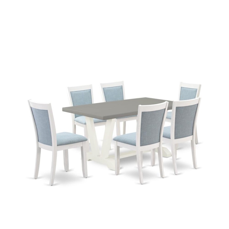 East West Furniture 7-Piece Dinette Set Includes A Modern Dining Table And 6 Baby Blue Linen Fabric Parsons Chairs With Stylish Back - Wire Brushed Linen White Finish