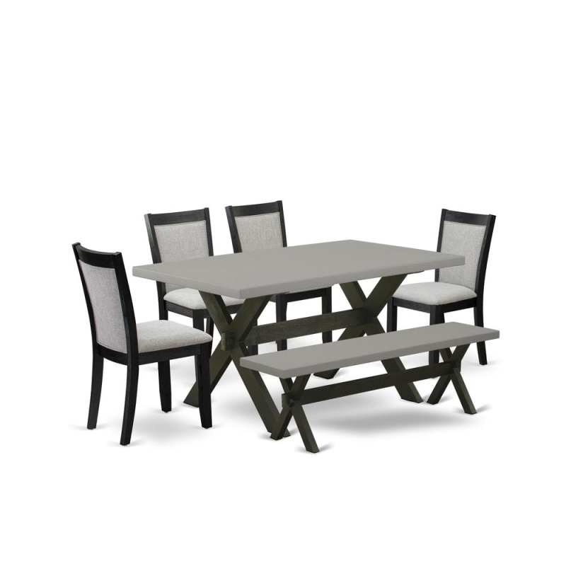 East West Furniture 6 Piece Kitchen Table Set - A Cement Top Kitchen Table With Small Wood Bench And 4 Shitake Linen Fabric Upholstered Wooden Dining Chairs - Wire Brushed Black Finish
