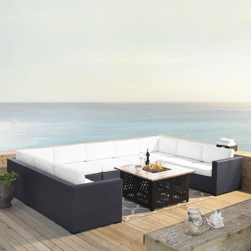 Biscayne 6Pc Outdoor Wicker Sectional Set W/Fire Table White/Brown - 4 Loveseats, Armless Chair, Tucson Firetable