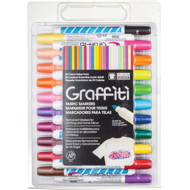 Marvy Graffiti Fabric Markers - Medium Marker Point - Tapered Marker Point Stylepigment-Based Ink - 30 / Set