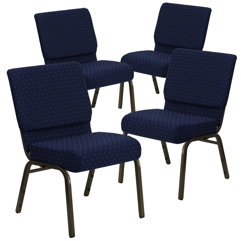 4 Pk. Hercules Series 21'' Extra Wide Navy Blue Dot Patterned Fabric Stacking Church Chair With 4'' Thick Seat - Gold Vein Frame