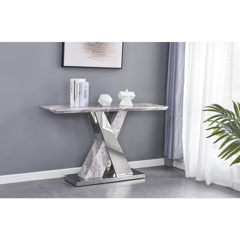 White Faux Marble Console Table W/Stainless Steel X-Base