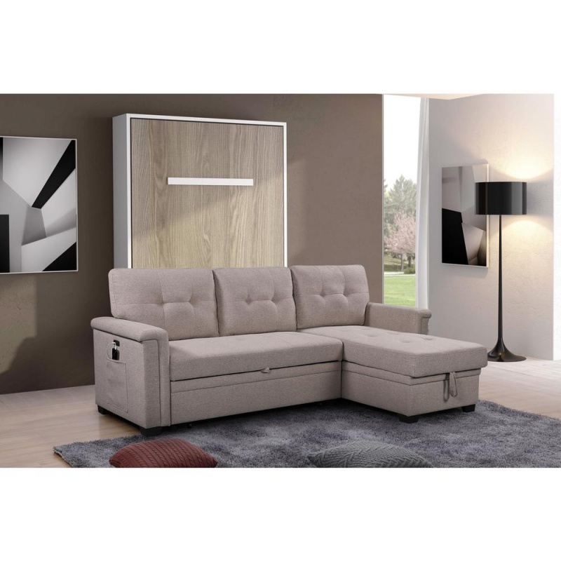 Ashlyn Light Gray Reversible Sleeper Sectional Sofa With Storage Chaise, Usb Charging Ports And Pocket