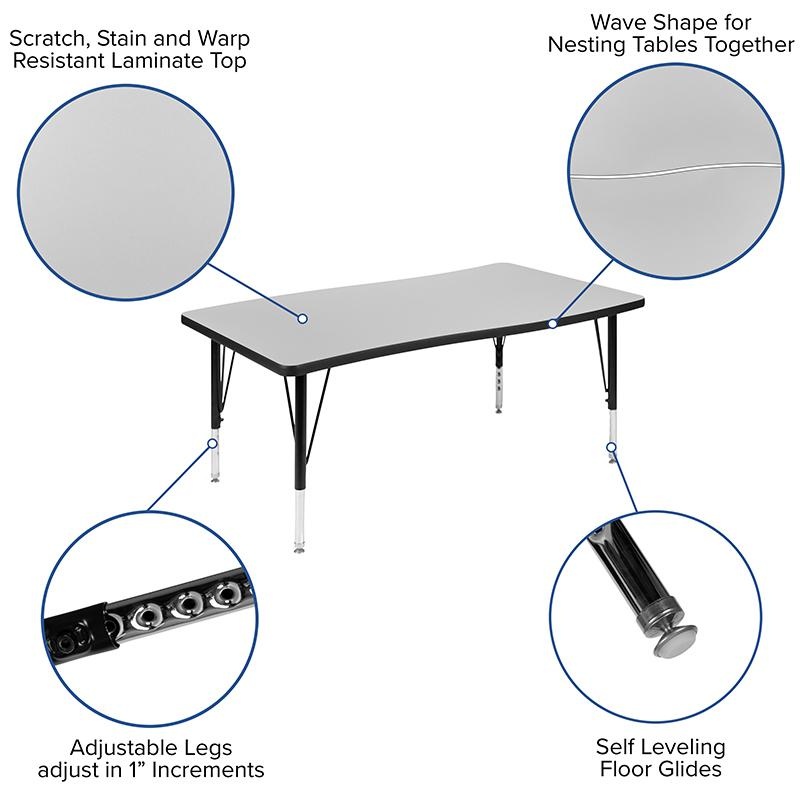 3 Piece 76" Oval Wave Collaborative Grey Thermal Laminate Activity Table Set - Height Adjustable Short Legs