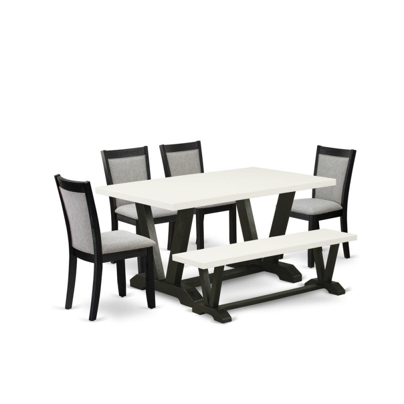 V626mz606-6 6 Pc Dinette Set - Linen White Dining Table With A Small Wood Bench And 4 Shitake Chairs - Wire Brushed Black Finish