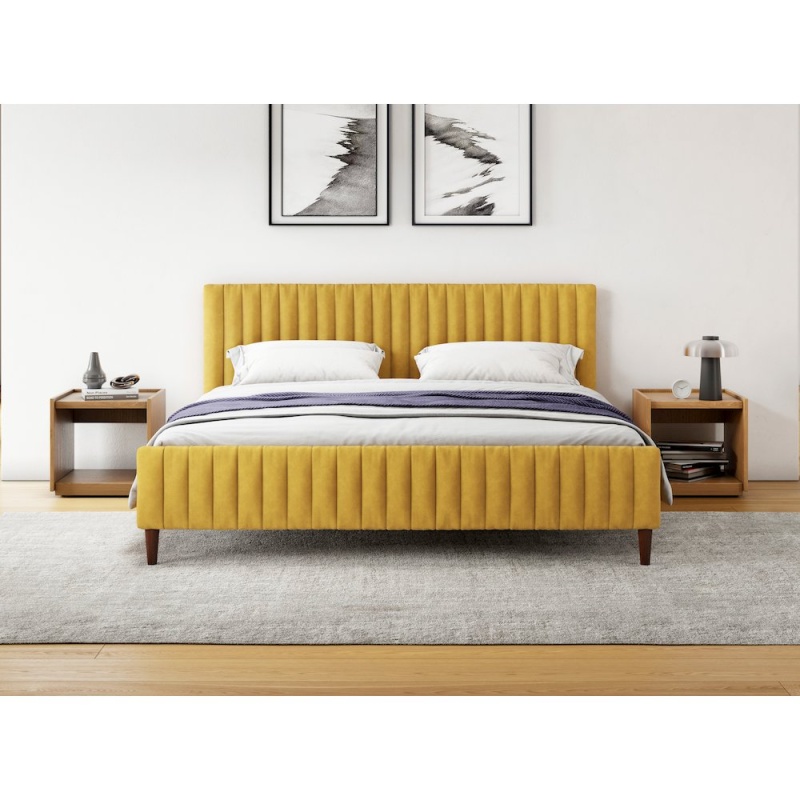 Spencer Wood/Fabric Upholstered King Platform Bed in Mustard