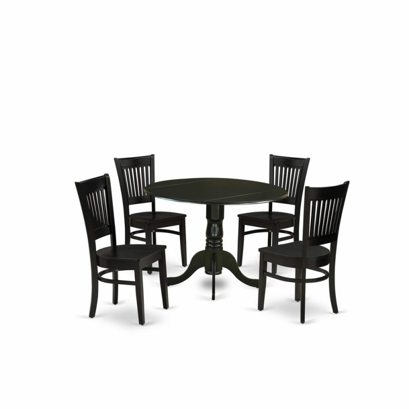 East West Furniture - Dlva5-Blk-W - 5-Piece Dinette Set- 4 Dining Room Chair With Wooden Seat And Slatted Chair Back - Drop Leaves Modern Dining Room Table - Black Finish